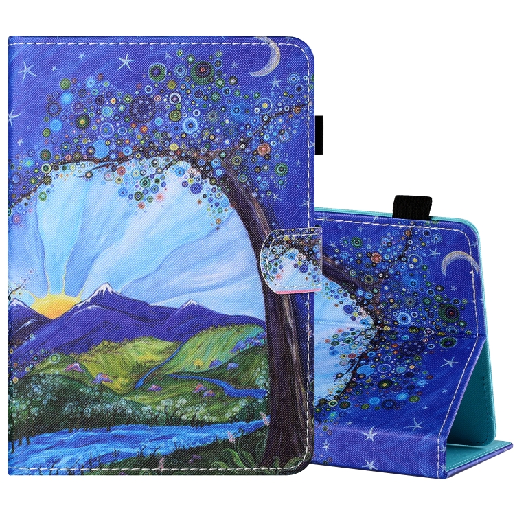

For 8 inch Tablet PC Universal Sewing Thread Horizontal Painted Flat Leather Case with Pen Cover & Anti Skid Strip & Card Slot & Holder(Sunrise With Tree)