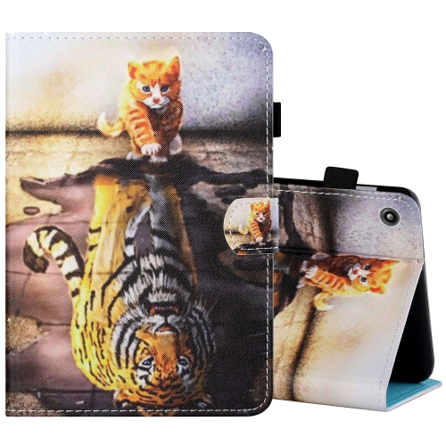 

For Amazon Kindle Fire 7 2019 / 2017 / 2015 Sewing Thread Horizontal Painted Flat Leather Case with Pen Cover & Anti Skid Strip & Card Slot & Holder(Cat And Tiger)