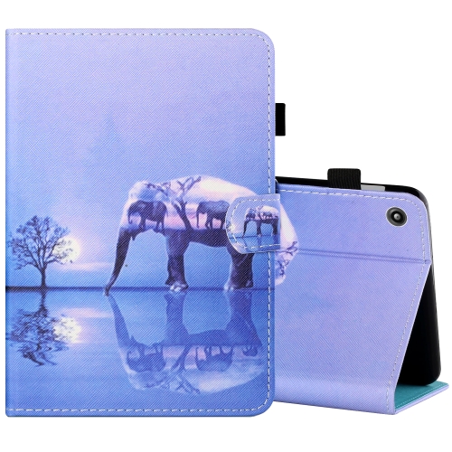 

For Amazon Kindle Fire 7 2019 / 2017 / 2015 Sewing Thread Horizontal Painted Flat Leather Case with Pen Cover & Anti Skid Strip & Card Slot & Holder(Tree And Elephant)