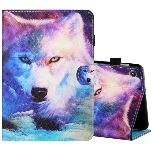 

For Amazon Kindle Fire 7 2019 / 2017 / 2015 Sewing Thread Horizontal Painted Flat Leather Case with Pen Cover & Anti Skid Strip & Card Slot & Holder(Wolf)