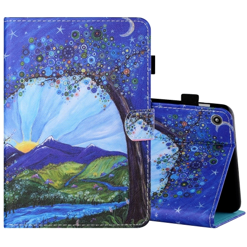 

For Amazon Kindle Fire 7 2019 / 2017 / 2015 Sewing Thread Horizontal Painted Flat Leather Case with Pen Cover & Anti Skid Strip & Card Slot & Holder(Sunrise With Tree)