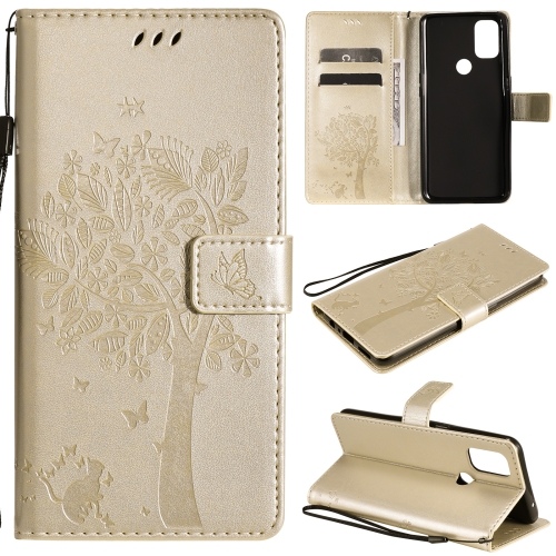 

For OnePlus Nord N10 5G Tree & Cat Pattern Pressed Printing Horizontal Flip PU Leather Case with Holder & Card Slots & Wallet & Lanyard(Gold)