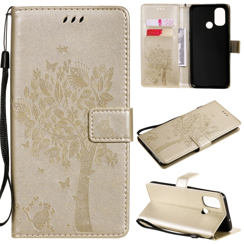 

For OnePlus Nord N100 Tree & Cat Pattern Pressed Printing Horizontal Flip PU Leather Case with Holder & Card Slots & Wallet & Lanyard(Gold)