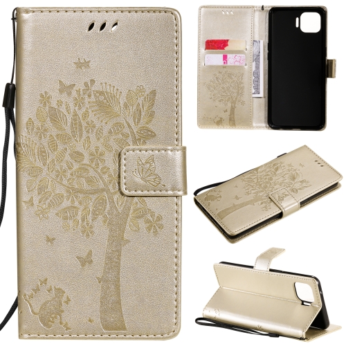 

For OPPO F17 Pro / Reno4 Lite Tree & Cat Pattern Pressed Printing Horizontal Flip PU Leather Case with Holder & Card Slots & Wallet & Lanyard(Gold)
