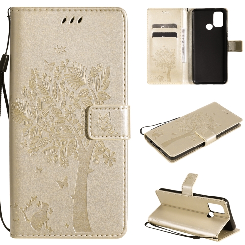 

For OPPO Realme 7i / C17 Tree & Cat Pattern Pressed Printing Horizontal Flip PU Leather Case with Holder & Card Slots & Wallet & Lanyard(Gold)