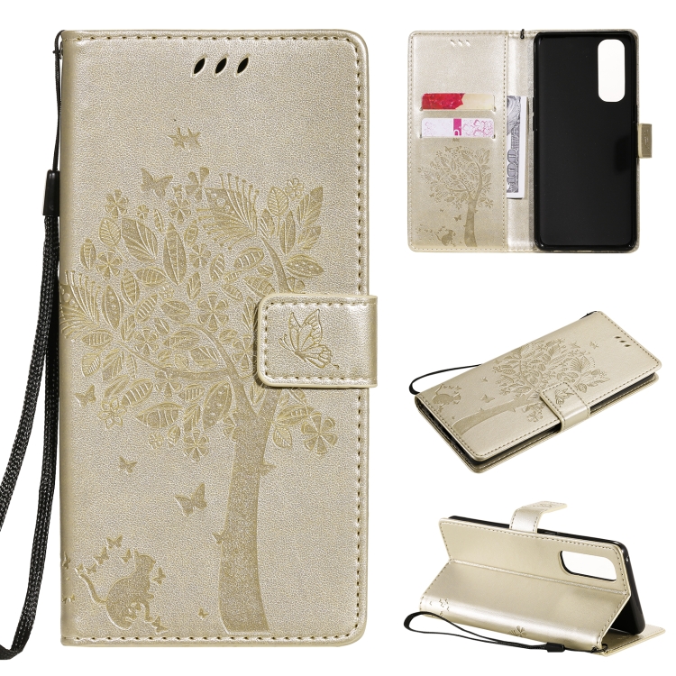 

For OPPO Reno4 Pro 4G Tree & Cat Pattern Pressed Printing Horizontal Flip PU Leather Case with Holder & Card Slots & Wallet & Lanyard(Gold)