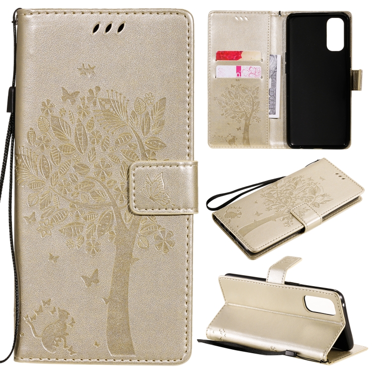 

For OPPO Reno4 Tree & Cat Pattern Pressed Printing Horizontal Flip PU Leather Case with Holder & Card Slots & Wallet & Lanyard(Gold)