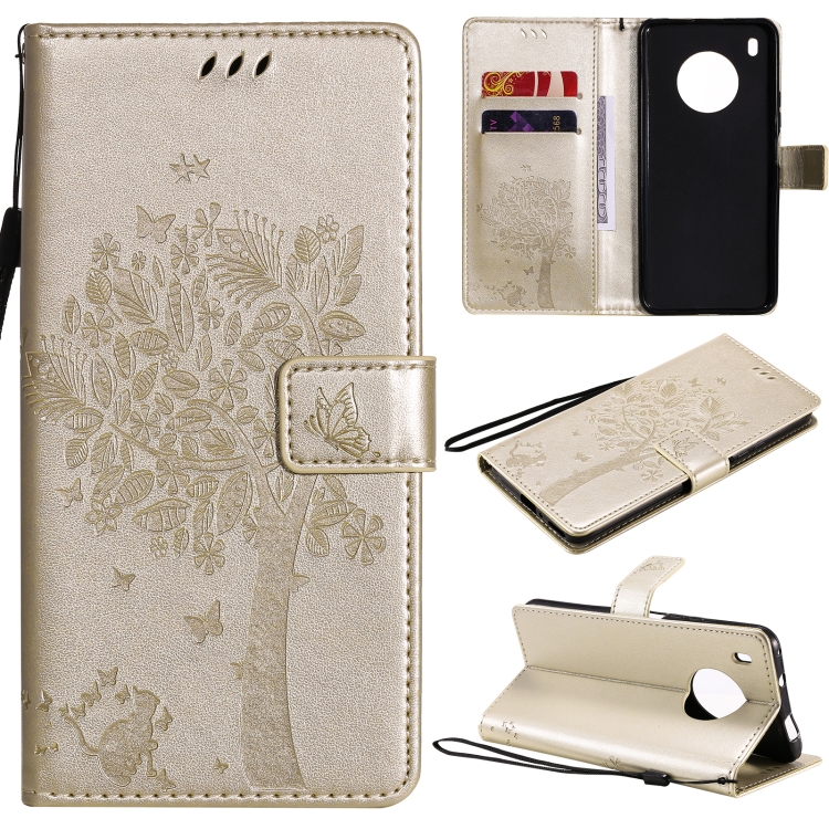 

For Huawei Y9a Tree & Cat Pattern Pressed Printing Horizontal Flip PU Leather Case with Holder & Card Slots & Wallet & Lanyard(Gold)