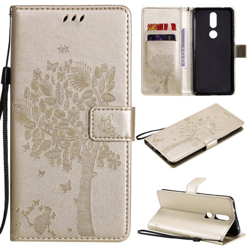 

For Nokia 2.4 Tree & Cat Pattern Pressed Printing Horizontal Flip PU Leather Case with Holder & Card Slots & Wallet & Lanyard(Gold)