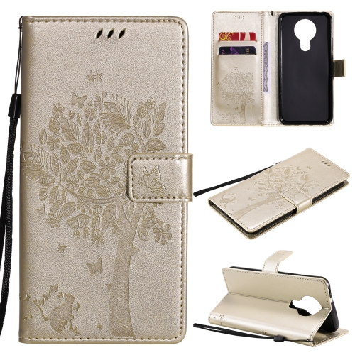 

For Nokia 3.4 Tree & Cat Pattern Pressed Printing Horizontal Flip PU Leather Case with Holder & Card Slots & Wallet & Lanyard(Gold)