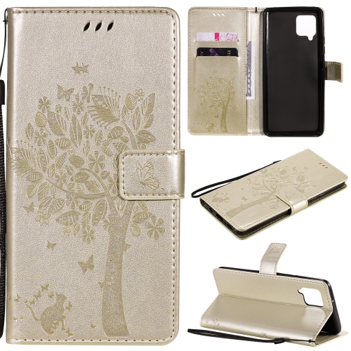 

For Samsung Galaxy A42 5G Tree & Cat Pattern Pressed Printing Horizontal Flip PU Leather Case with Holder & Card Slots & Wallet & Lanyard(Gold)