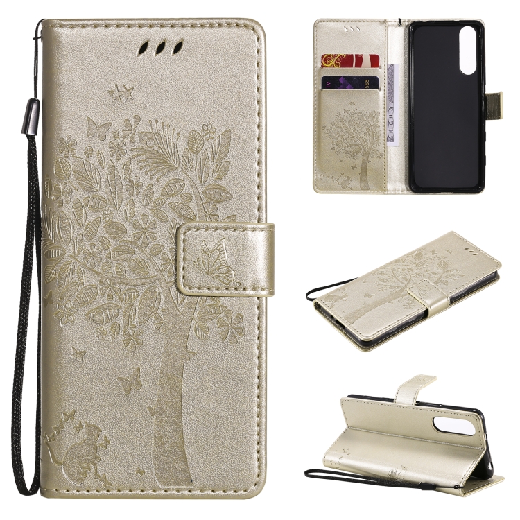 

For Sony Xperia5 II Tree & Cat Pattern Pressed Printing Horizontal Flip PU Leather Case with Holder & Card Slots & Wallet & Lanyard(Gold)