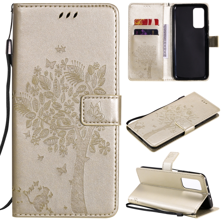 

For Xiaomi Mi 10T / 10T Pro Tree & Cat Pattern Pressed Printing Horizontal Flip PU Leather Case with Holder & Card Slots & Wallet & Lanyard(Gold)
