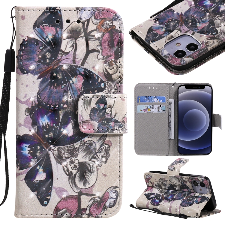 

3D Painting Horizontal Flip Leather Case with Holder & Card Slot & Lanyard For iPhone 12 mini(Black Butterflies)