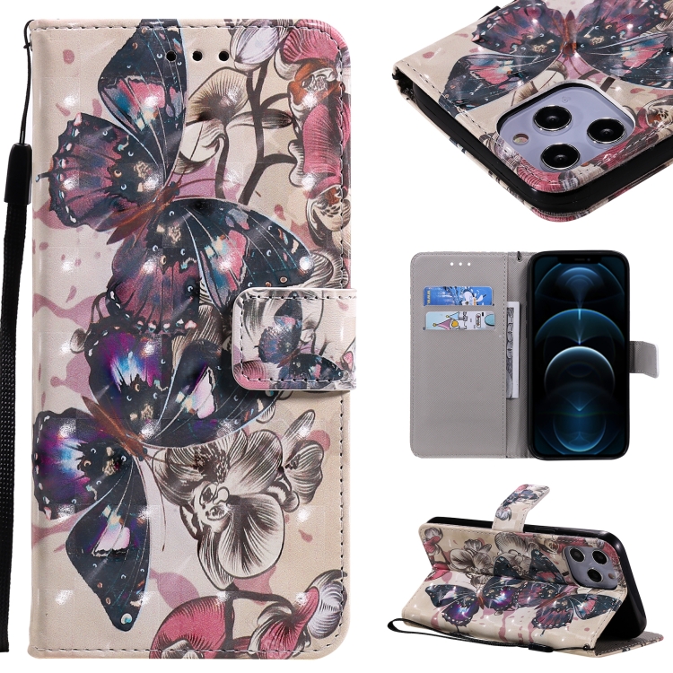 

3D Painting Horizontal Flip Leather Case with Holder & Card Slot & Lanyard For iPhone 12 Pro Max(Black Butterflies)