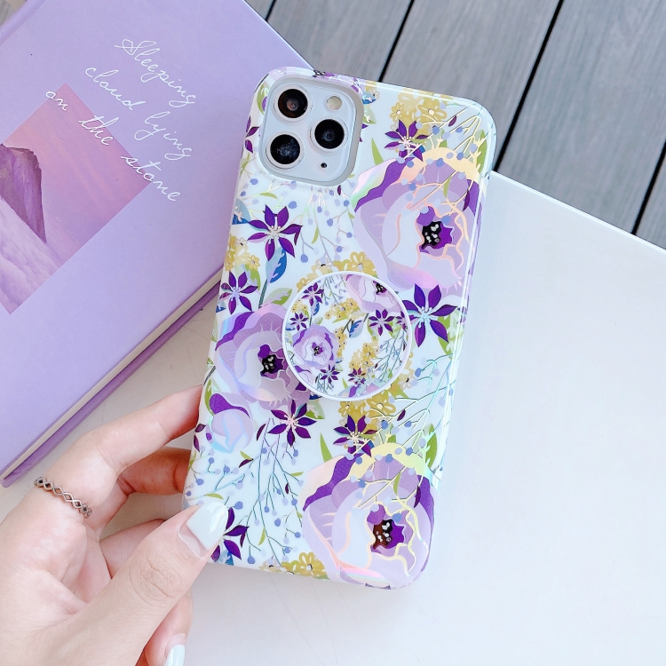

IMD Laser Flower Pattern TPU Protective Case with Holder For iPhone 11(Purple Flower)
