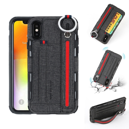 

For iPhone XS / X Cloth Texture + TPU Shockproof Protective Case with Metal Ring & Holder & Card Slots & Hanging Strap(Black)