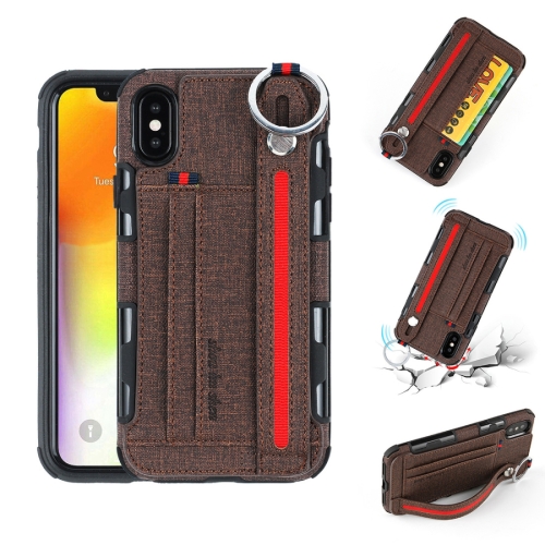 

For iPhone XS / X Cloth Texture + TPU Shockproof Protective Case with Metal Ring & Holder & Card Slots & Hanging Strap(Coffee)