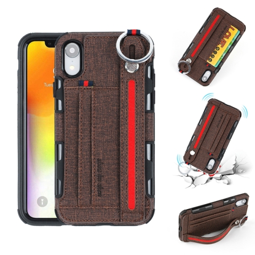 

For iPhone XR Cloth Texture + TPU Shockproof Protective Case with Metal Ring & Holder & Card Slots & Hanging Strap(Coffee)