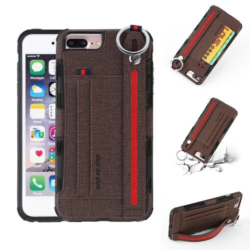 

For iPhone 8 Plus & 7 Plus Cloth Texture + TPU Shockproof Protective Case with Metal Ring & Holder & Card Slots & Hanging Strap(Coffee)