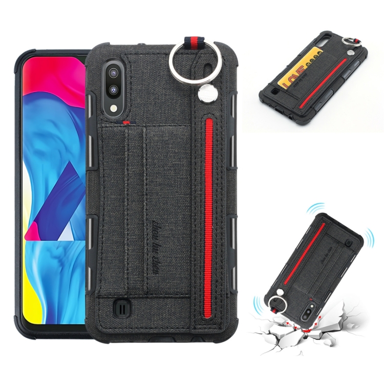 

For Galaxy M10 Cloth Texture + TPU Shockproof Protective Case with Metal Ring & Holder & Card Slots & Hanging Strap(Black)
