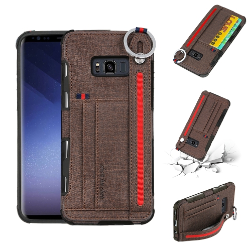 

For Galaxy S8 Cloth Texture + TPU Shockproof Protective Case with Metal Ring & Holder & Card Slots & Hanging Strap(Coffee)