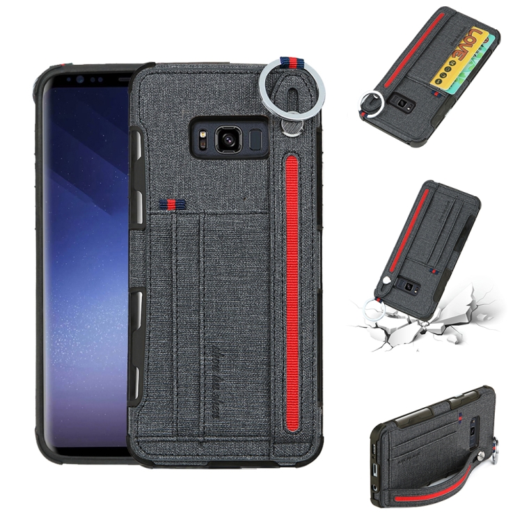 

For Galaxy S8+ Cloth Texture + TPU Shockproof Protective Case with Metal Ring & Holder & Card Slots & Hanging Strap(Black)