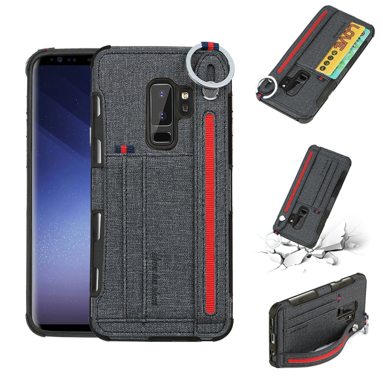 

For Galaxy S9+ Cloth Texture + TPU Shockproof Protective Case with Metal Ring & Holder & Card Slots & Hanging Strap(Black)