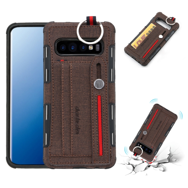 

For Galaxy S10+ Cloth Texture + TPU Shockproof Protective Case with Metal Ring & Holder & Card Slots & Hanging Strap(Coffee)