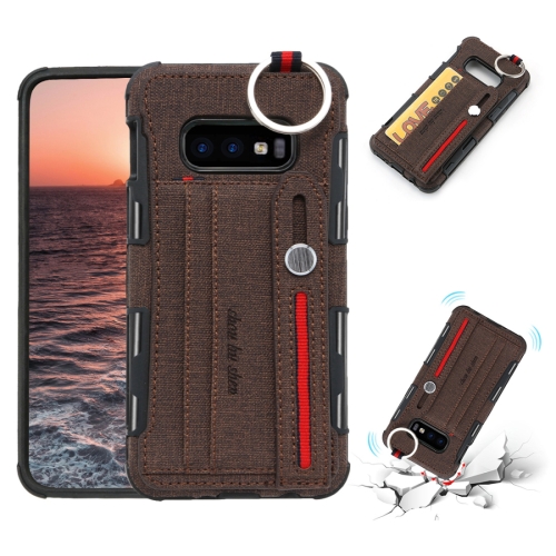 

For Galaxy S10e Cloth Texture + TPU Shockproof Protective Case with Metal Ring & Holder & Card Slots & Hanging Strap(Coffee)
