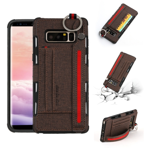 

For Galaxy Note 8 Cloth Texture + TPU Shockproof Protective Case with Metal Ring & Holder & Card Slots & Hanging Strap(Coffee)