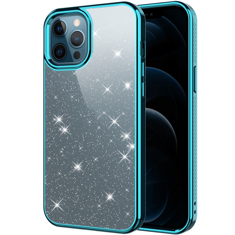 

Electroplating Frame Glitter Powder Protective Case For iPhone 12 / 12 Pro(Blue)