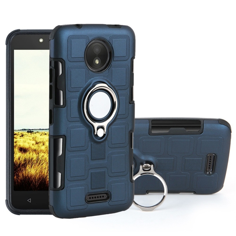 

For Motorola Moto C 2 In 1 Cube PC + TPU Protective Case with 360 Degrees Rotate Silver Ring Holder(Navy Blue)