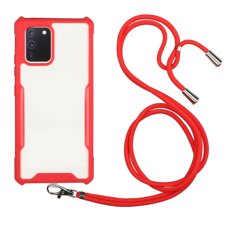 

For Samsung Galaxy A41 Acrylic + Color TPU Shockproof Case with Neck Lanyard(Red)