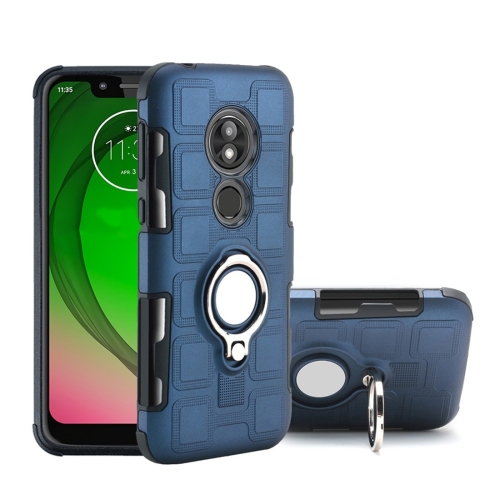 

For Motorola Moto G7 Play 2 In 1 Cube PC + TPU Protective Case with 360 Degrees Rotate Silver Ring Holder(Navy Blue)