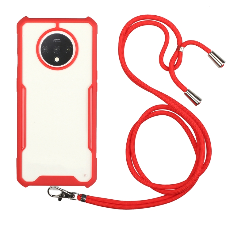 

For OnePlus 7T Acrylic + Color TPU Shockproof Case with Neck Lanyard(Red)