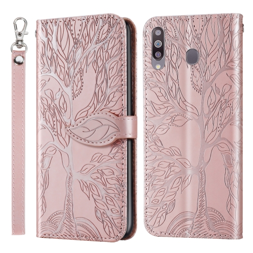 

For Samsung Galaxy A20s Life of Tree Embossing Pattern Horizontal Flip Leather Case with Holder & Card Slot & Wallet & Photo Frame & Lanyard(Rose Gold)