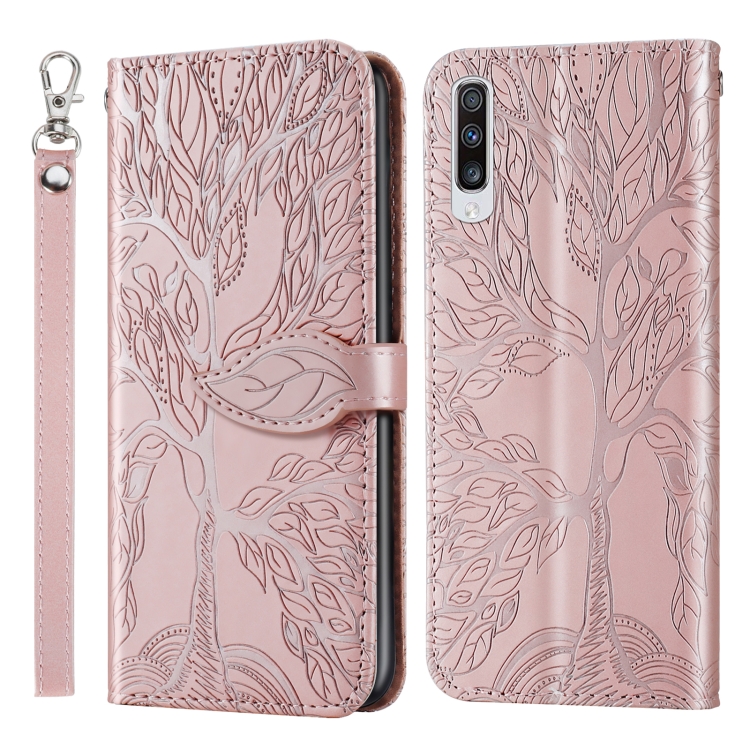 

For Samsung Galaxy A50 Life of Tree Embossing Pattern Horizontal Flip Leather Case with Holder & Card Slot & Wallet & Photo Frame & Lanyard(Rose Gold)