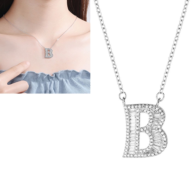 

Women Fashion S925 Sterling Silver English Alphabet Pendant Necklace, Style:B