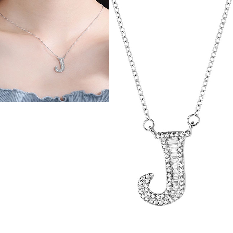 

Women Fashion S925 Sterling Silver English Alphabet Pendant Necklace, Style:J