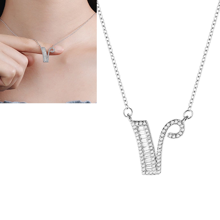

Women Fashion S925 Sterling Silver English Alphabet Pendant Necklace, Style:V