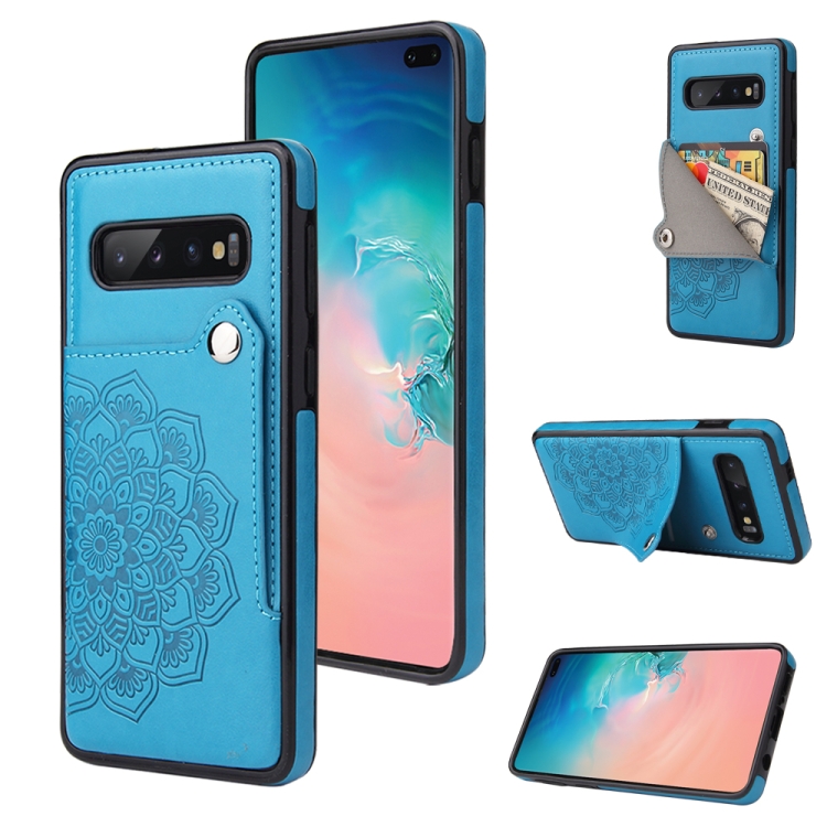 

For Samsung Galaxy S10+ Embossed Pattern PU + TPU Protective Case with Holder & Wallet & Card Slots(Blue)