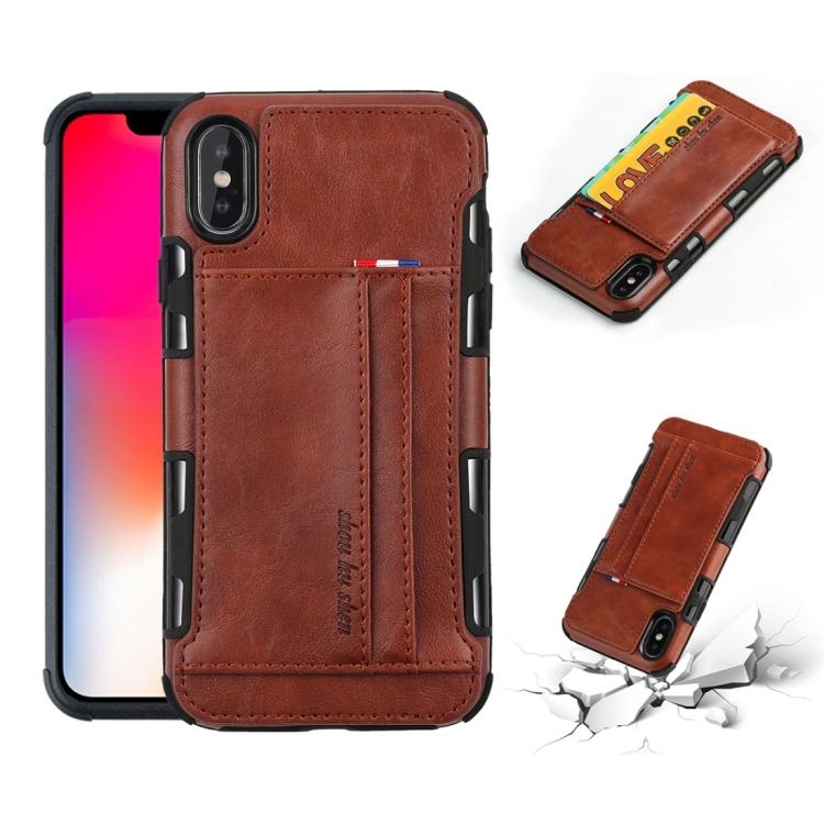 

For iPhone XS Max PU + TPU Shockproof Protective Leather Case with Card Slots(Brown)