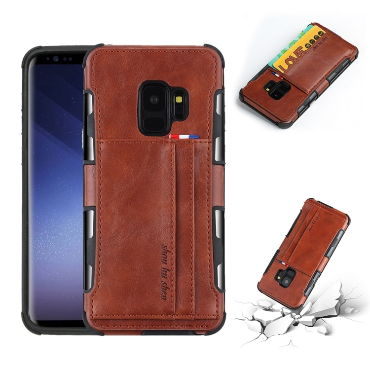 

For Galaxy S9 PU + TPU Shockproof Protective Leather Case with Card Slots(Brown)