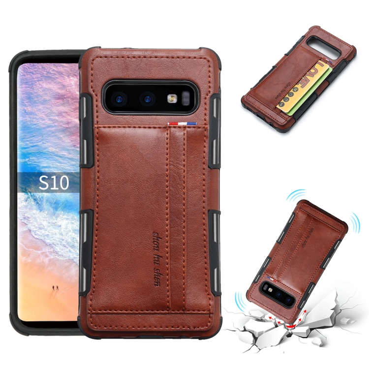 

For Galaxy S10 PU + TPU Shockproof Protective Leather Case with Card Slots(Brown)