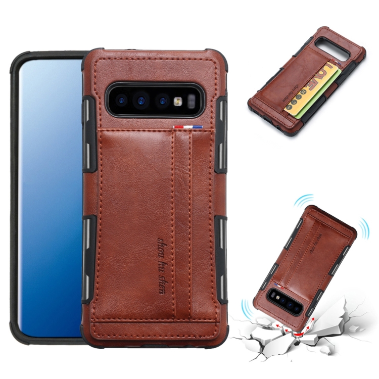 

For Galaxy S10+ PU + TPU Shockproof Protective Leather Case with Card Slots(Brown)