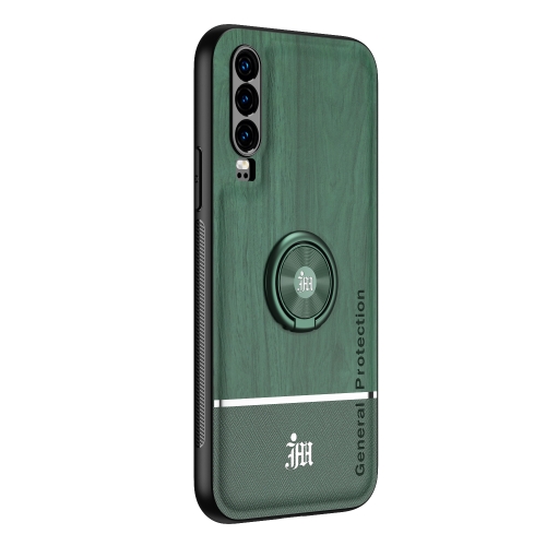 

For Huawei P30 Wood Grain PC + TPU Shockproof Case with Ring Holder(Green)