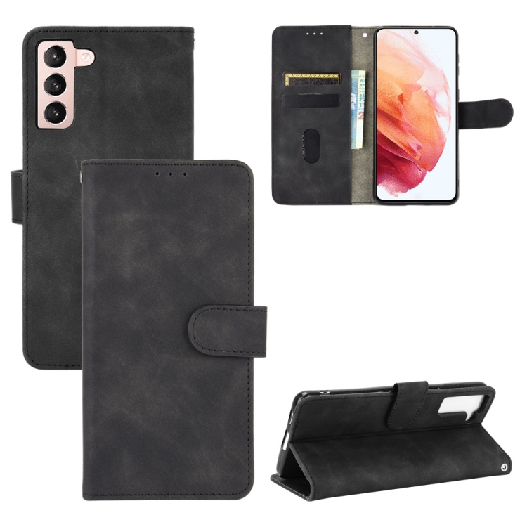 

For Samsung Galaxy S21 5G Solid Color Skin Feel Magnetic Buckle Horizontal Flip Calf Texture PU Leather Case with Holder & Card Slots & Wallet(Black)