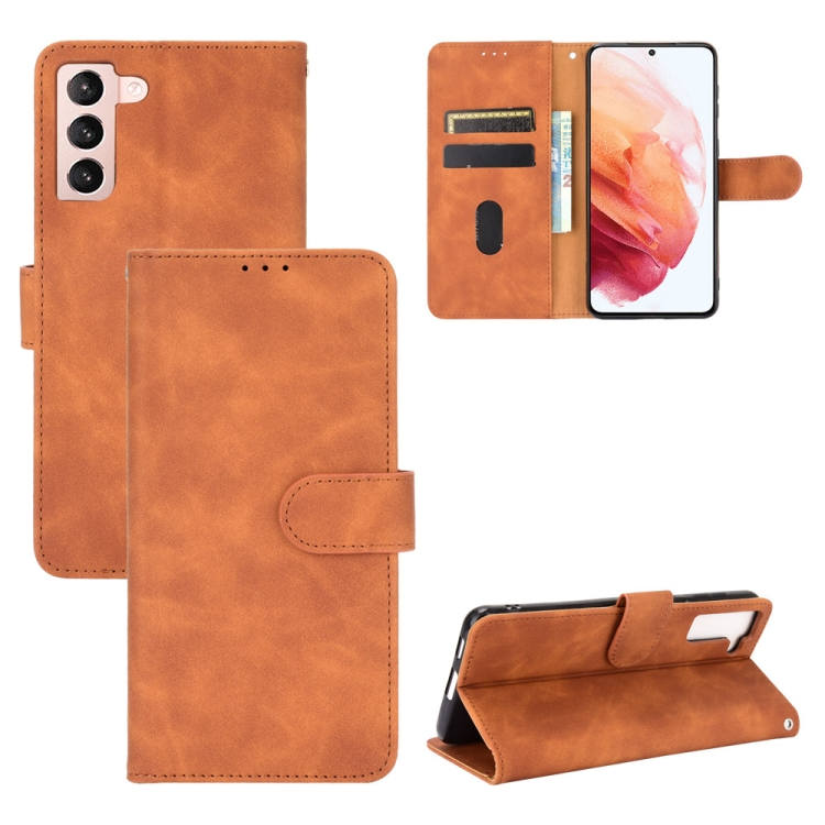 

For Samsung Galaxy S21 5G Solid Color Skin Feel Magnetic Buckle Horizontal Flip Calf Texture PU Leather Case with Holder & Card Slots & Wallet(Brown)