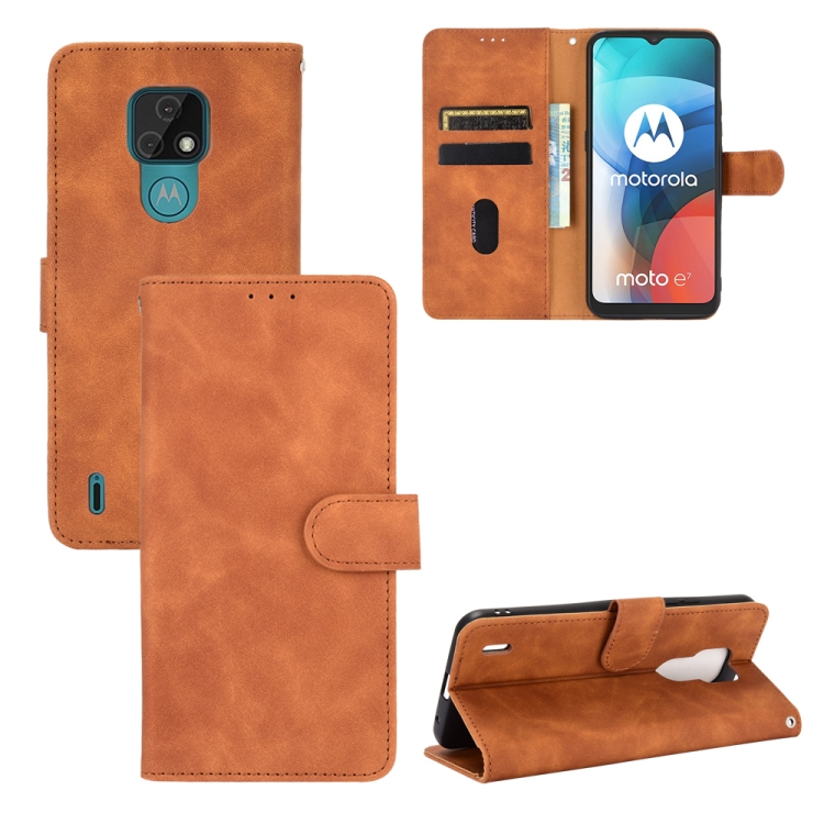 

For Motorola Moto E7 Solid Color Skin Feel Magnetic Buckle Horizontal Flip Calf Texture PU Leather Case with Holder & Card Slots & Wallet(Brown)